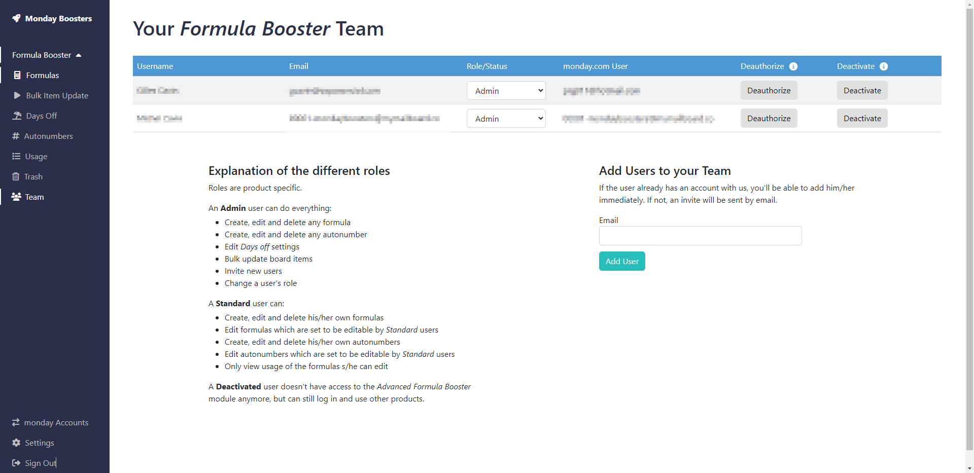 Advanced Formula Booster User Management